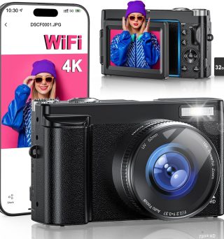 4K Digital Camera for Photography, WiFi 64MP 180° Flip Screen 3" Autofocus Vlogging Camera for YouTube, 16X Zoom Compact Point and Shoot Cameras for Beginner with 32GB Card, 2 Batteries