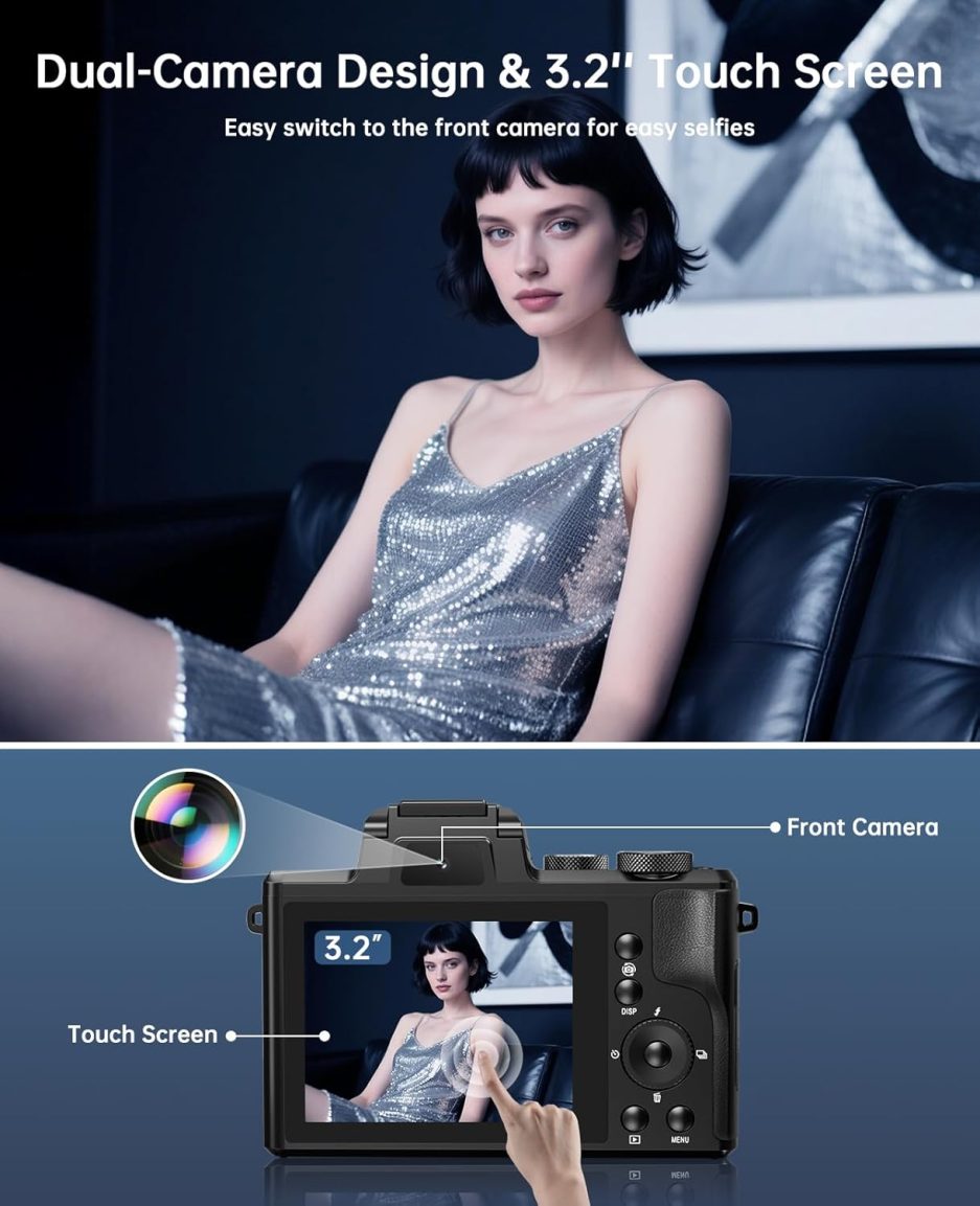 8K Digital Cameras for Photography - Autofocus 88MP WiFi Vlogging Camera for YouTube with Dual-Lens - 16X Digital Zoom Vlog Camera with Lens Hood, Flash, Touch Screen, 2 Batteries, 32GB TF Card - Image 4