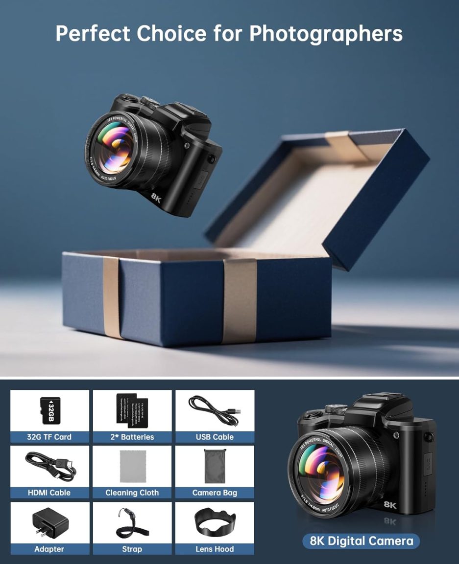 8K Digital Cameras for Photography - Autofocus 88MP WiFi Vlogging Camera for YouTube with Dual-Lens - 16X Digital Zoom Vlog Camera with Lens Hood, Flash, Touch Screen, 2 Batteries, 32GB TF Card - Image 8