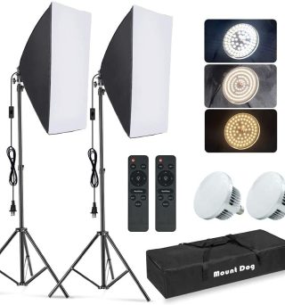 MOUNTDOG Softbox Lighting Kit, 2x19.7"x27.5" Photography Continuous Lighting System with 2pcs 85W 5700K E27 Socket LED Bulbs and Remote for Portrait Product Fashion Photography